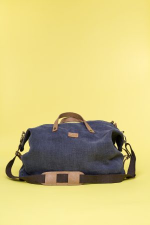 Kwooksta soft jute big weekender bag front view in grey with eco leather handles and adjustable cotton shoulder strap