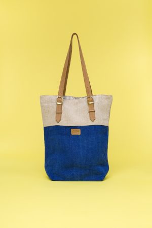Kwooksta soft jute classic tote in blue and natural with adjustable eco leather shoulder straps
