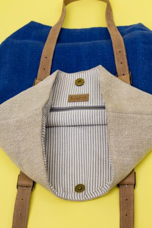 Kwooksta soft jute classic tote bag in blue and natural with organic cotton striped inner lining and inner zipper pocket