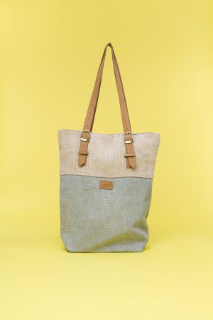 Kwooksta soft jute classic tote in sage green and natural with adjustable eco leather shoulder straps