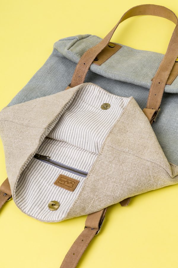 Kwooksta soft jute classic tote bag in sage green and natural with organic cotton striped inner lining and inner zipper pocket