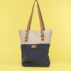 Kwooksta soft jute classic tote in grey and natural with adjustable eco leather shoulder straps