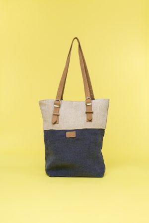 Kwooksta soft jute classic tote in grey and natural with adjustable eco leather shoulder straps