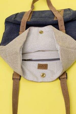 Kwooksta soft jute classic tote bag in grey and natural with organic cotton striped inner lining and inner zipper pocket