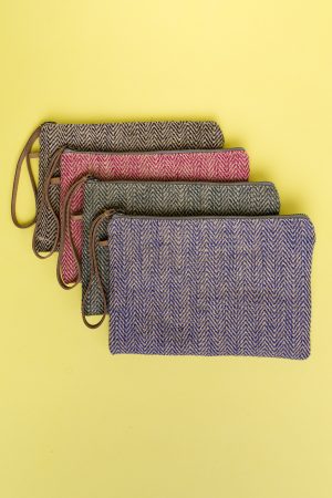 Kwooksta herringbone jute clutch pouch in black, red, green and blue with eco leather wrist strap