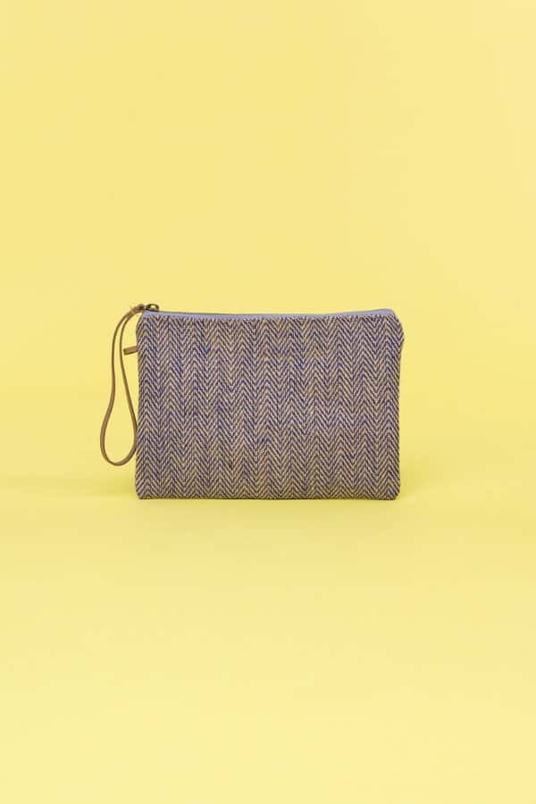Kwooksta herringbone jute clutch pouch in blue with eco leather wrist strap