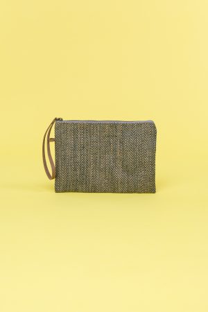 Kwooksta herringbone jute clutch pouch in green with eco leather wrist strap