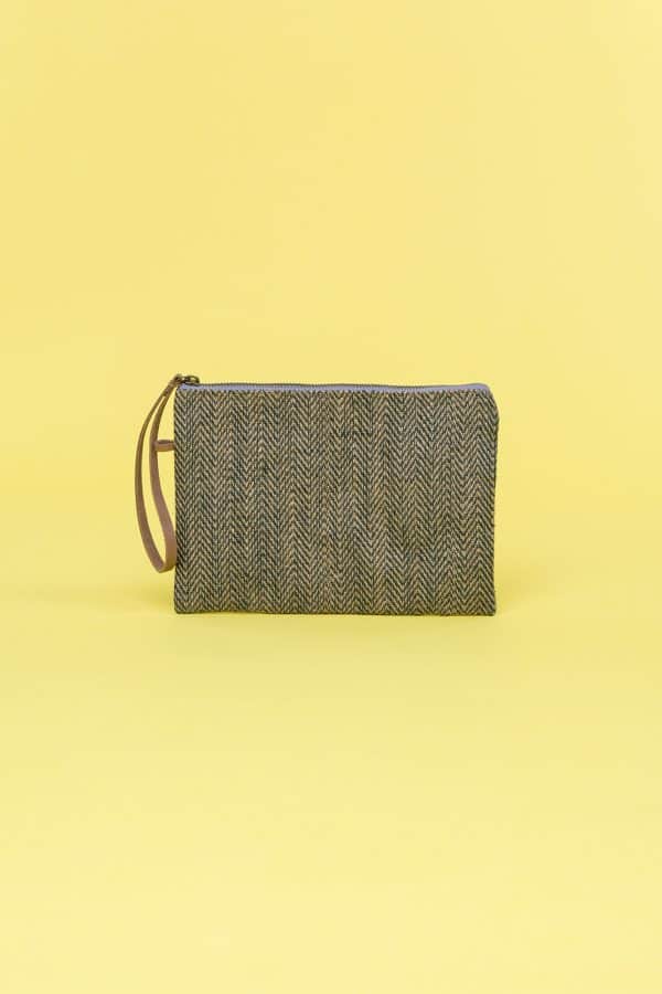 Kwooksta herringbone jute clutch pouch in green with eco leather wrist strap