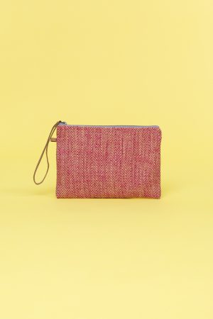 Kwooksta herringbone jute clutch pouch in red with eco leather wrist strap
