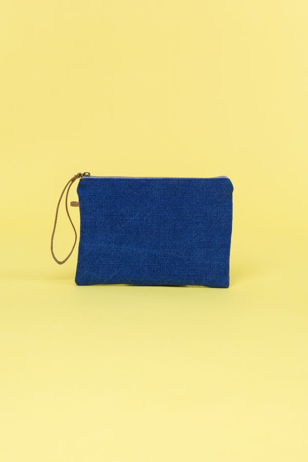 Kwooksta soft jute clutch pouch in blue with eco leather wrist strap