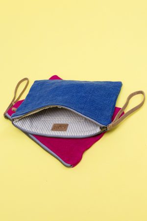 Kwooksta soft jute clutch pouch in red and blue with eco leather wrist strap and organic cotton striped inner lining