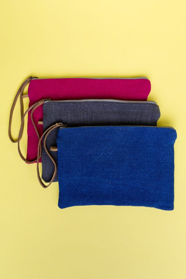 Kwooksta soft jute clutch pouch in red, grey and blue with eco leather wrist strap