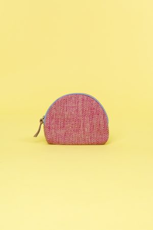 Kwooksta herringbone jute cosmetics pouch in red with eco leather zipper pulley