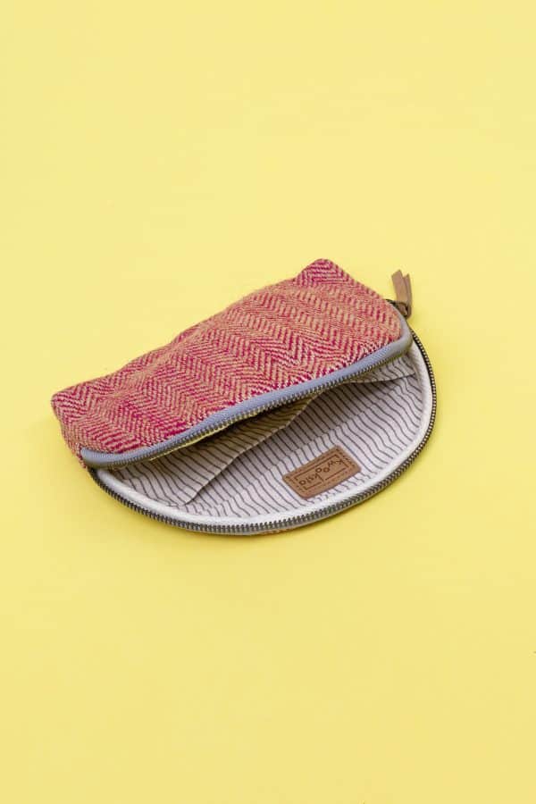 Kwooksta herringbone jute cosmetics pouch in red with organic cotton striped inner lining