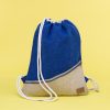 Kwooksta soft jute drawstring bag front view in blue and natural with diagonal front zipper and white cotton straps