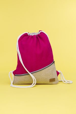 Kwooksta soft jute drawstring bag front view in red and natural with diagonal front zipper and white cotton straps