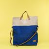 Kwooksta soft jute foldable tote bag full view in blue and natural with eco leather handles and shoulder strap