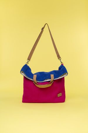 Kwooksta soft jute foldable tote bag folded view in red and blue with eco leather handles and shoulder strap