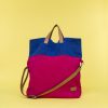 Kwooksta soft jute foldable tote bag full view in red and blue with eco leather handles and shoulder strap