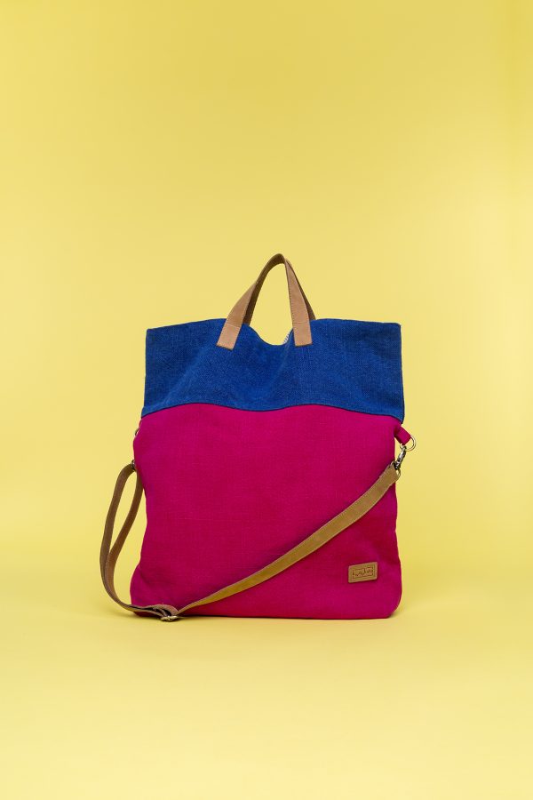Kwooksta soft jute foldable tote bag full view in red and blue with eco leather handles and shoulder strap