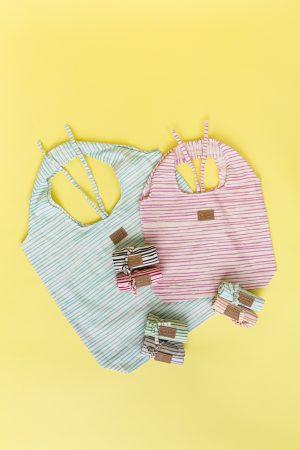 Kwooksta wiederverwendbarer Shopper Einkaufstasche aus Bio Baumwolle groß und klein in pink und grün