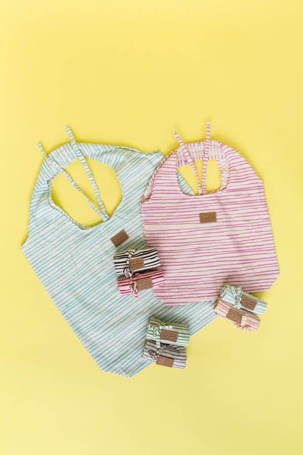 Kwooksta wiederverwendbarer Shopper Einkaufstasche aus Bio Baumwolle groß und klein in pink und grün