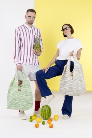 Kwooksta großer wiederverwendbarer Shopper Einkaufstasche aus Bio Baumwolle unisex in Grün und Grau.